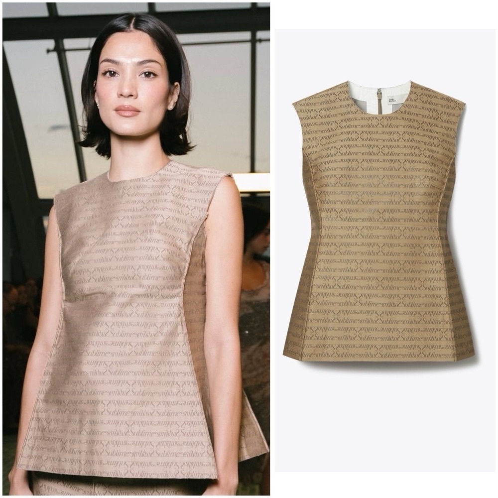 NWT $898 Tory Burch Sublime Jacquard Structured Peplum Top Beige Size 4